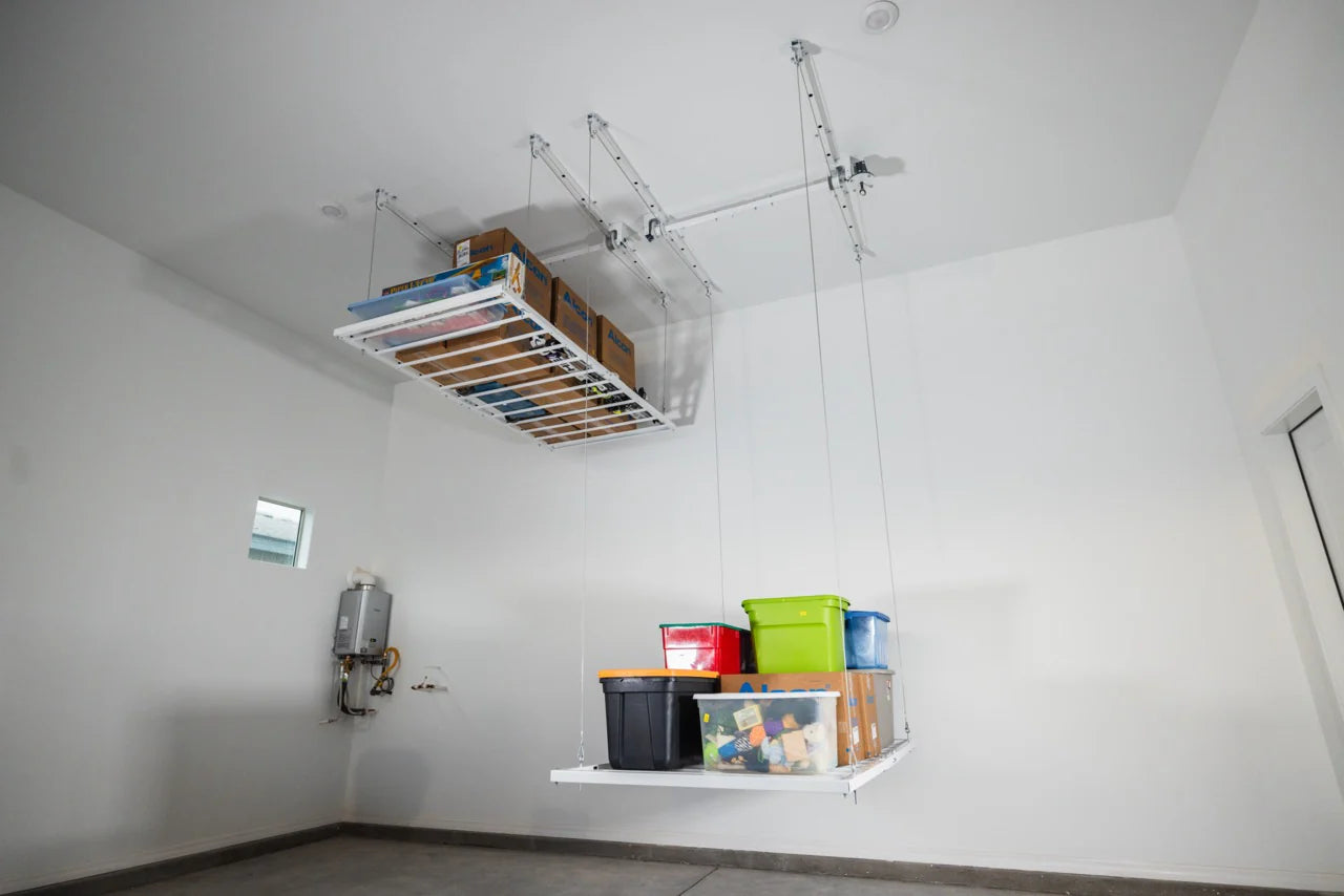 Adjustable Smart Ceiling Storage Platform – 700 lbs Capacity, 17" Drop (4x8 ft)