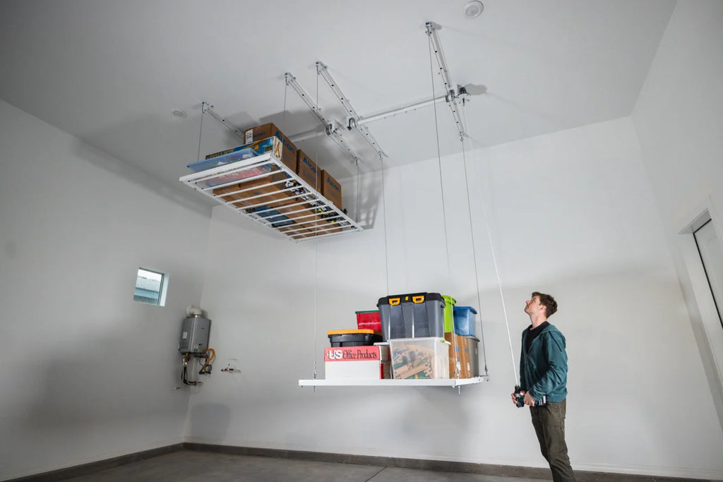 Adjustable Smart Ceiling Storage Platform – 700 lbs Capacity, 17" Drop (4x8 ft)