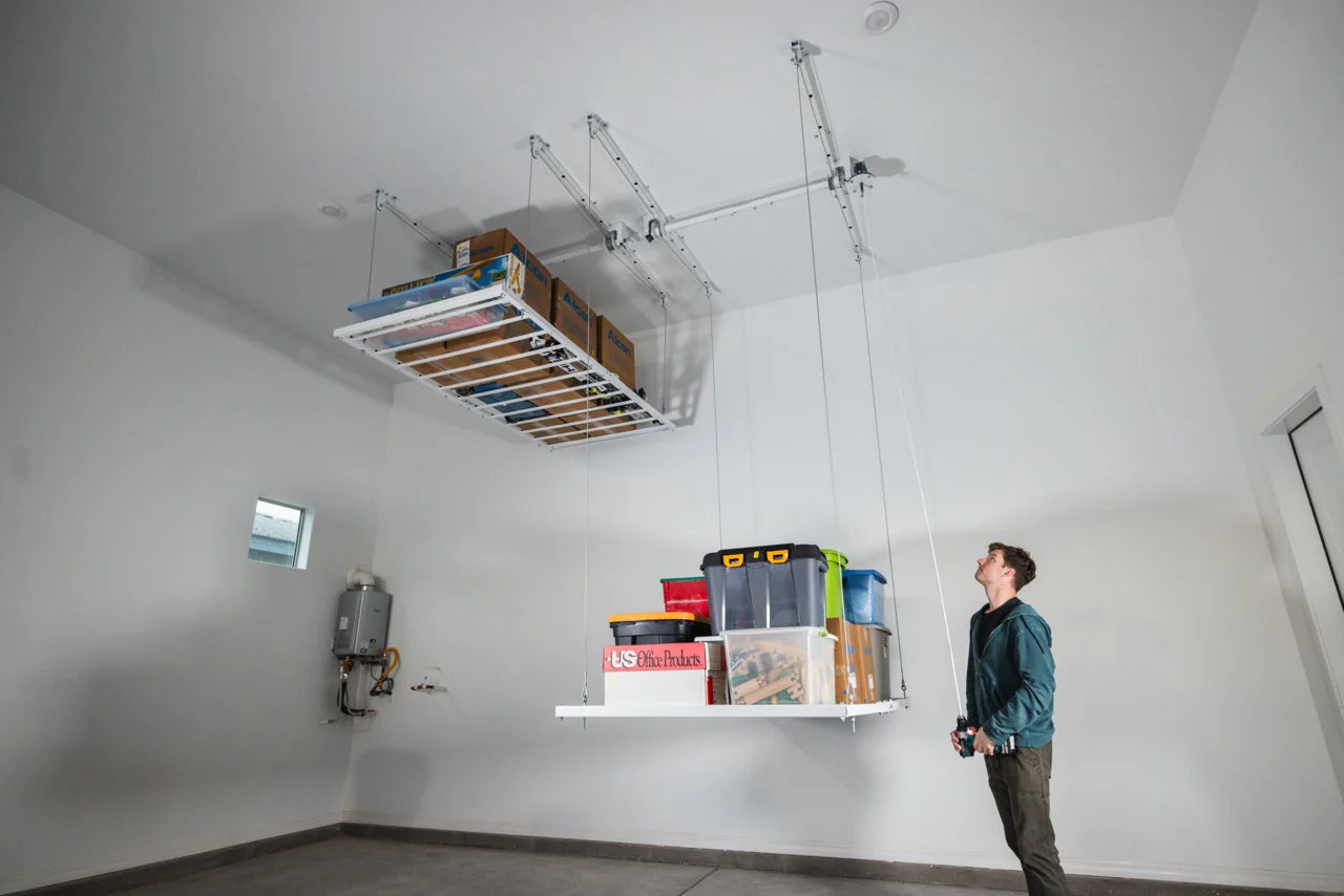 Adjustable Smart Ceiling Storage Platform – 700 lbs Capacity, 17" Drop (4x8 ft)